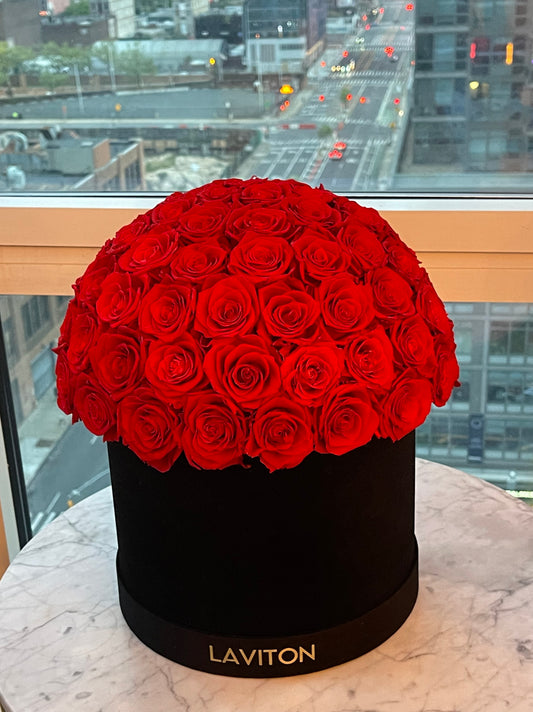LARGE ROUND BOX OF RED ETERNITY ROSES DOME